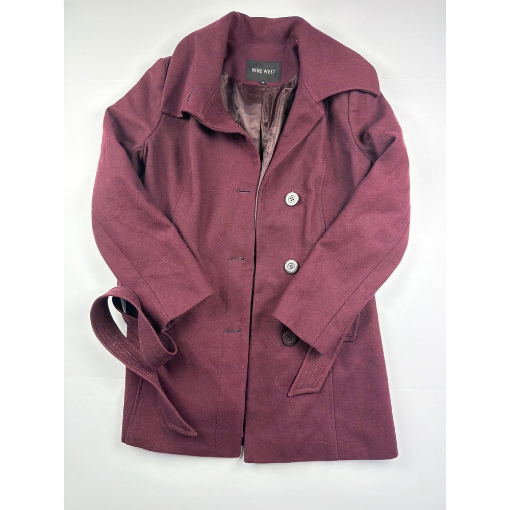 Nine West Burgundy Wool Blend Belted Peacoat Women Size 6 Wine Red Trench Coat